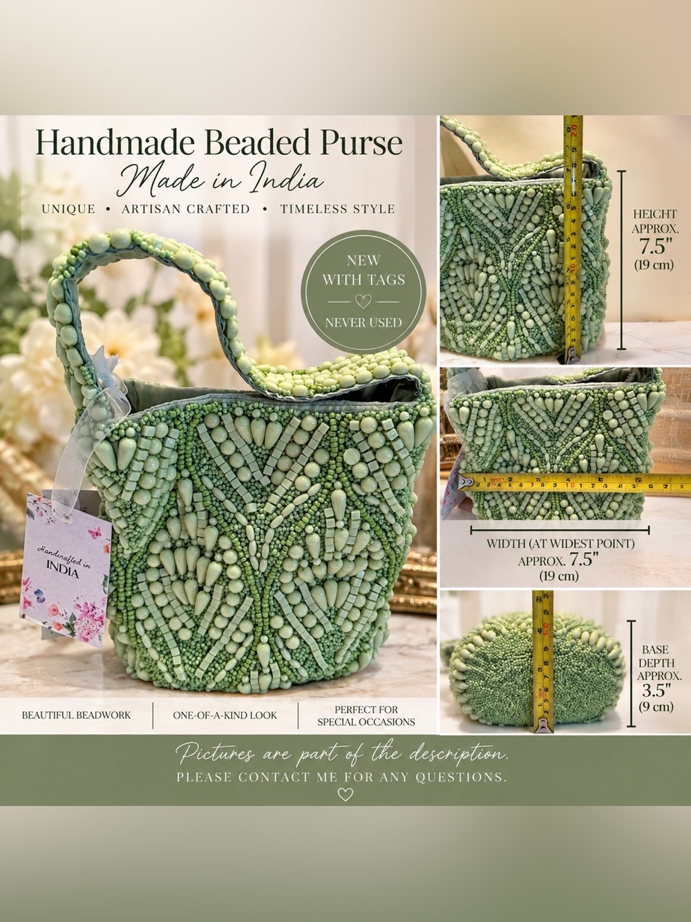 NWT Handmade in India Mint Green Beaded Evening Purse Handbag